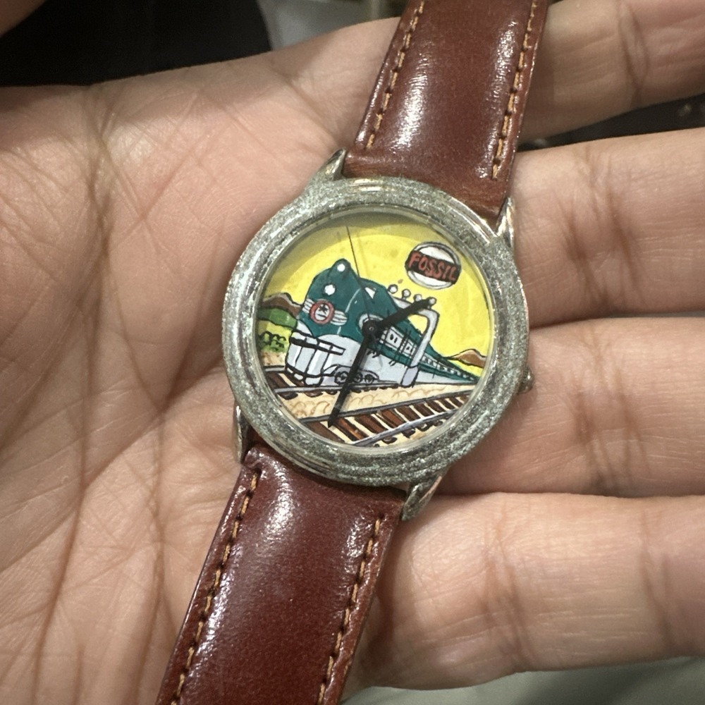 VTG Fossil LE-9401 Hand Painted Train Dial Mens Watch Limited Edition Leather